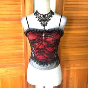 Gothic Victorian Vampire Vkei Blood Red Roses Black Lace Tank Cami Top